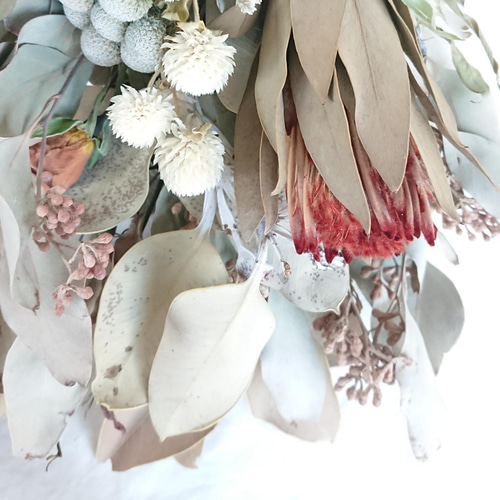 プロテアとユーカリのホワイトアンティークスワッグ ドライフラワー