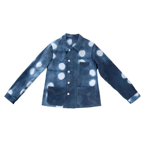 絞り染めブルー水玉ライトコットン、ダブルブレストフレンチワークジャケット MZ original 2枚目の画像