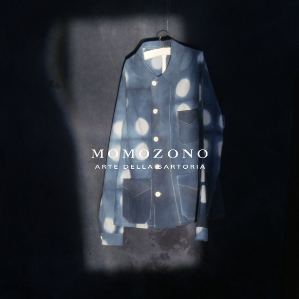 絞り染めブルー水玉ライトコットン、ダブルブレストフレンチワークジャケット MZ original 1枚目の画像