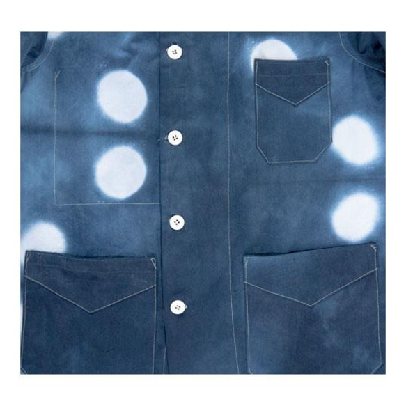 絞り染めブルー水玉ライトコットン、ダブルブレストフレンチワークジャケット MZ original 6枚目の画像
