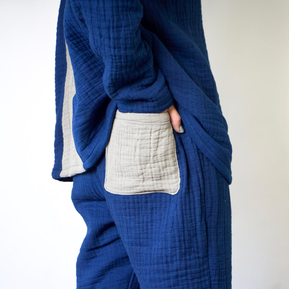 超蓬鬆睡衣上下套裝/藍色/六層紗三河面料 第9張的照片
