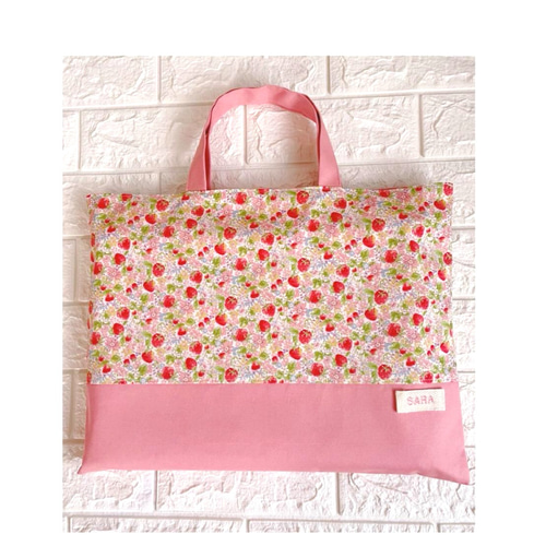 入園入学セット｜サイズオーダー可｜ピンクいちご柄レッスンバッグ3点