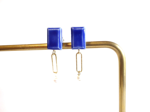 方形+淡水珍珠耳環/耳環（藍色） 第2張的照片