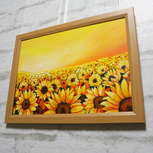 絵画　「ひまわり畑」油彩 油絵 油彩 油彩画 絵 絵画【山中湖のひまわり畑】A3 絵画 HR