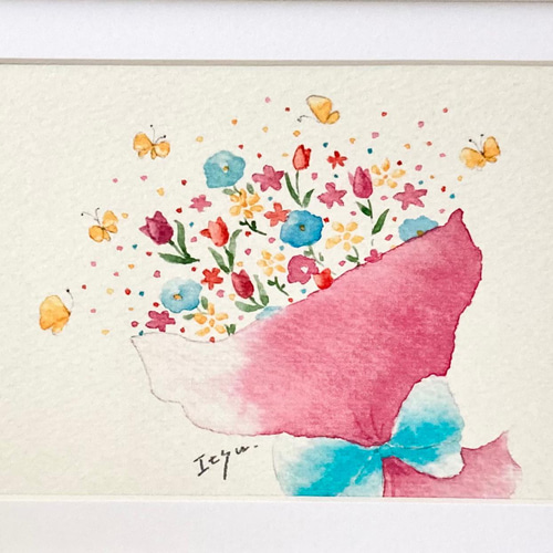 透明水彩画「幸せの花束」A4ポスター 花 フラワー 蝶々