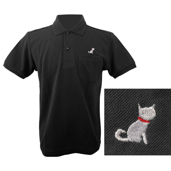 白猫ポロシャツ「にゃんポロ」（白・黒・紺）ワンポイント刺繡 1枚目の画像
