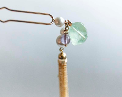 天然石☆お花ビーズ3連＊タッセル＊かんざし 天然石☆お花ビーズ3連＊タッセル＊かんざし