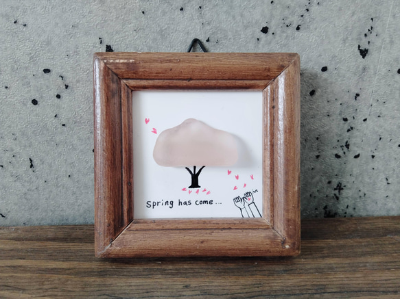 シーグラス　アート　vol.06　ミニ額　桜の木　桜の花びら　花　春　イラスト　進級祝い　入園祝い　入学祝い　就職祝い 1枚目の画像