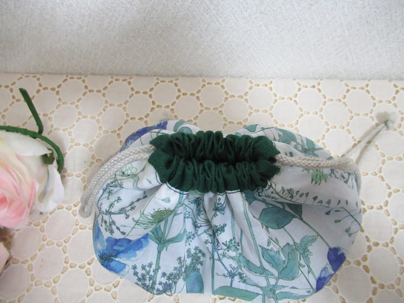 イルマ＆ヨーロッパリネン❛千歳緑❜でタック巾着　大サイズ 5枚目の画像