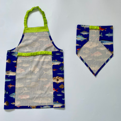 お魚柄☆120〜130こどもエプロン、三角巾、巾着の3点セット 3枚目の画像