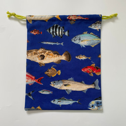お魚柄☆120〜130こどもエプロン、三角巾、巾着の3点セット 8枚目の画像