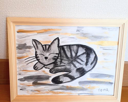 鉛筆画『平穏な眠り』B5　猫の絵画 送料無料 0_dd499ad0246f81ef803c985815d4