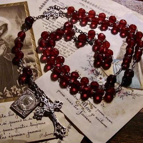 フランス アンティーク 赤 ビーズ ロザリオ リメイク ネックレス