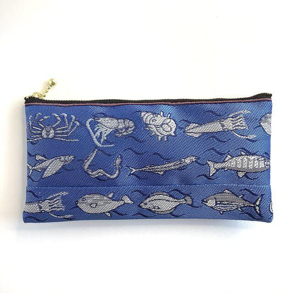 畳縁　口罩小袋　魚殼圖案　魚　蟹　筆盒　藍色　日式 第5張的照片