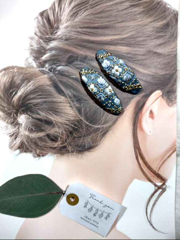 【7㌢】大人も似合うインド刺繍のぱっちんピン  ヘアピン　ライトブルー　 7枚目の画像