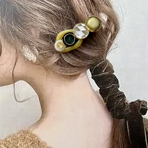 ダイヤシェルとモスグリーンのヴィンテージボタンヘアクリップ 大人 