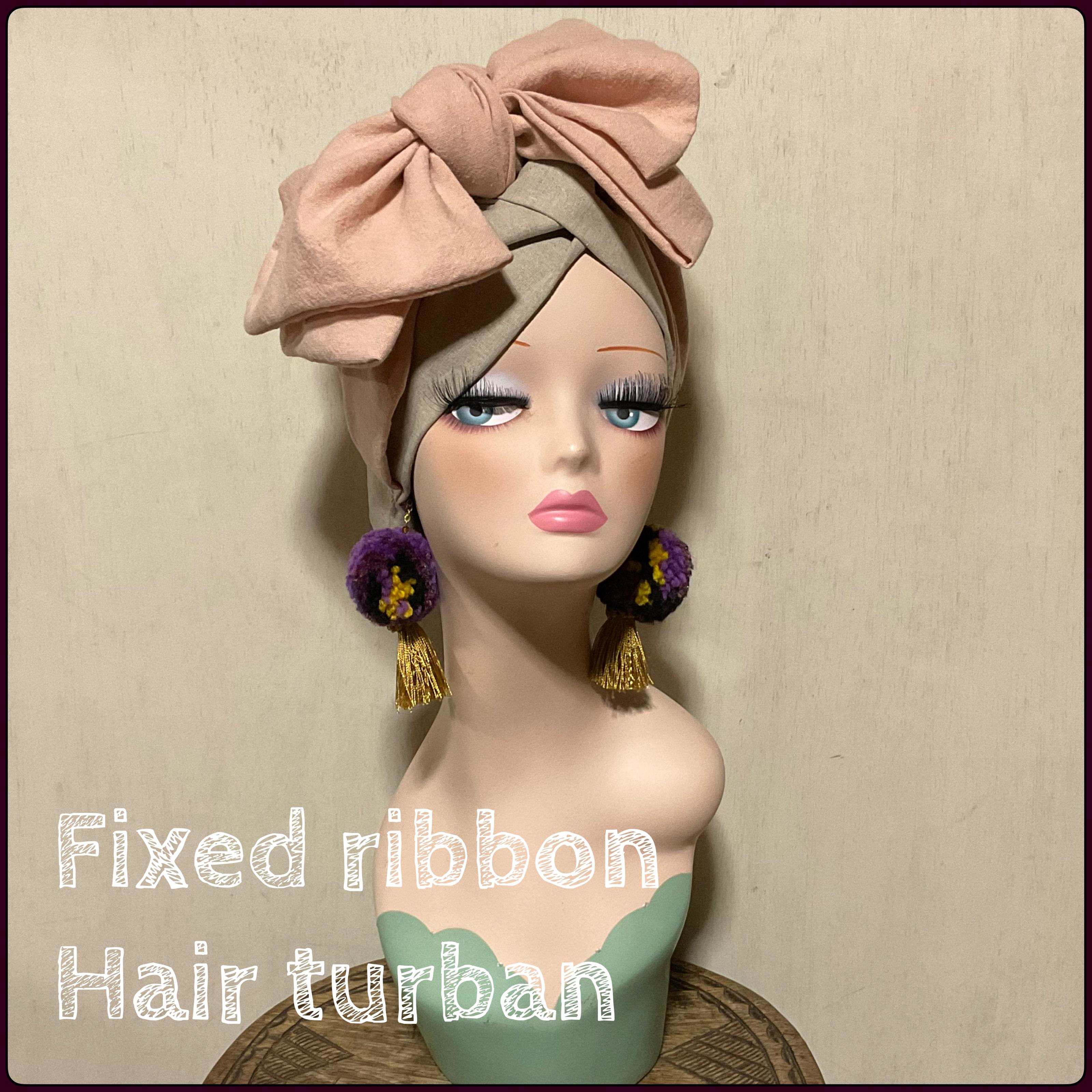 新作　固定リボンのヘアターバン　ヘアバンド　ターバン　ナチュラル×ベビーピンク