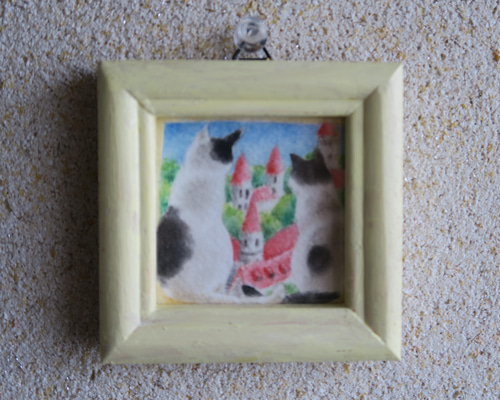 原画〉ミニパステル画 窓辺の猫（赤い屋根の街並み） イラスト