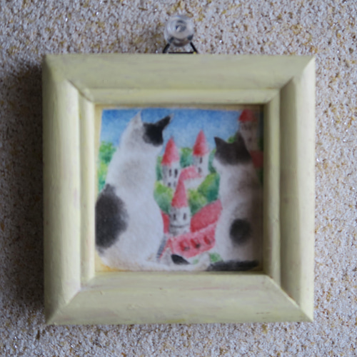 原画〉ミニパステル画 窓辺の猫（赤い屋根の街並み） イラスト
