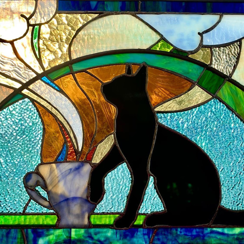 ステンドグラス パネル制作 黒猫珈琲店＃3 猫の日 creema限定販売 絵画