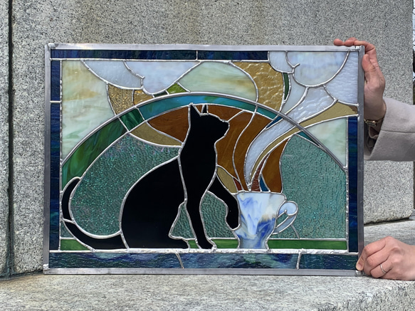 ステンドグラス パネル制作  黒猫珈琲店＃3 猫の日  creema限定販売 7枚目の画像