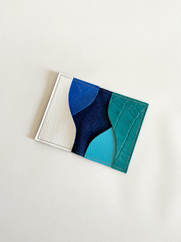 カードケース 本革 名刺入れ パスケース オーシャン ブルー 1枚目の画像