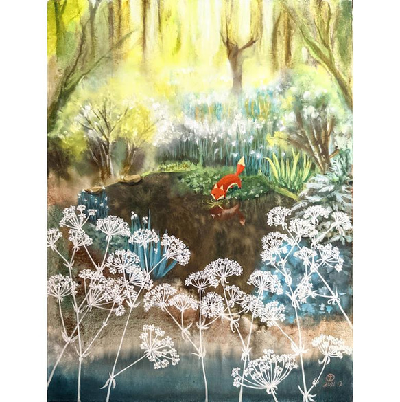 手描き。芸術的なマイクロスプレー。小さなキツネ。&lt;秘密の森の小さな赤いキツネ&gt; 1枚目の画像