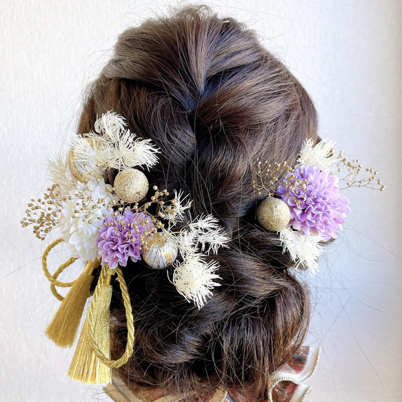 《Lavender＆Gold》ふわふわプリザーブドフラワーのファーンリーフ＆和玉＆ピンポンマム✳︎髪飾り 結婚式 成人式 6枚目の画像