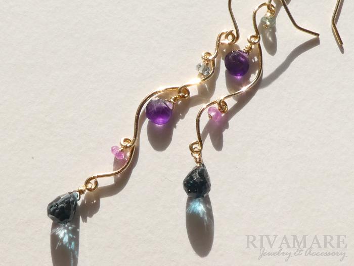 「宵に薫るパルフェムール」ロンドンブルートパーズ アメジスト ピンクサファイア グリーングレースピネル イヤリング