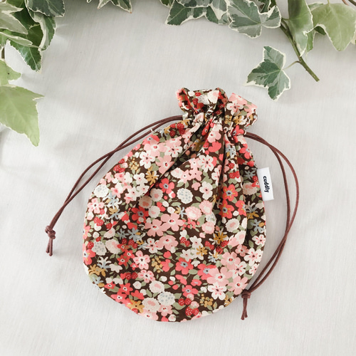 まんまる巾着ポーチ◇pinkflower メイクポーチ お化粧ポーチ お薬入れ  