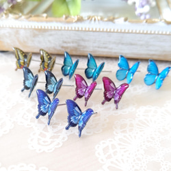 【Sサイズ♪】選べる蝶々。アゲハ蝶、オオルリアゲハ、モルフォ蝶。蝶々ピアス、蝶々イヤリング。『晴れやかブルー2024』 2枚目の画像