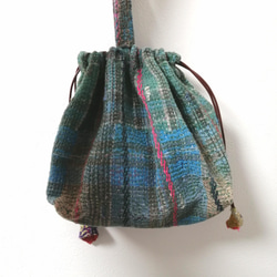 KANTHA QUILT 巾着　bag №KQ22004 blue  ラリーキルト インド　古布 2枚目の画像