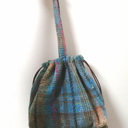 KANTHA QUILT 巾着　bag №KQ22004 blue  ラリーキルト インド　古布 1枚目の画像