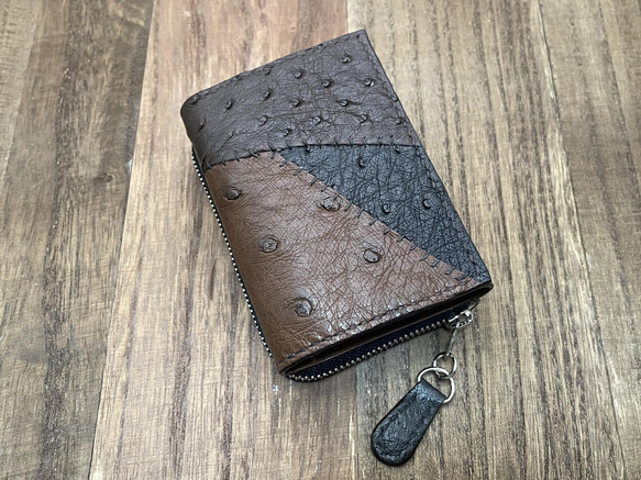 コンパクト財布(オーストリッチ) つぎはぎオーストリッチ革の三つ折りミニ財布 その他ミニ財布