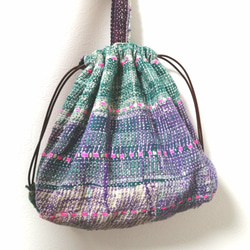 KANTHA QUILT 巾着　bag №KQ22005 purple ラリーキルト インド　古布 2枚目の画像