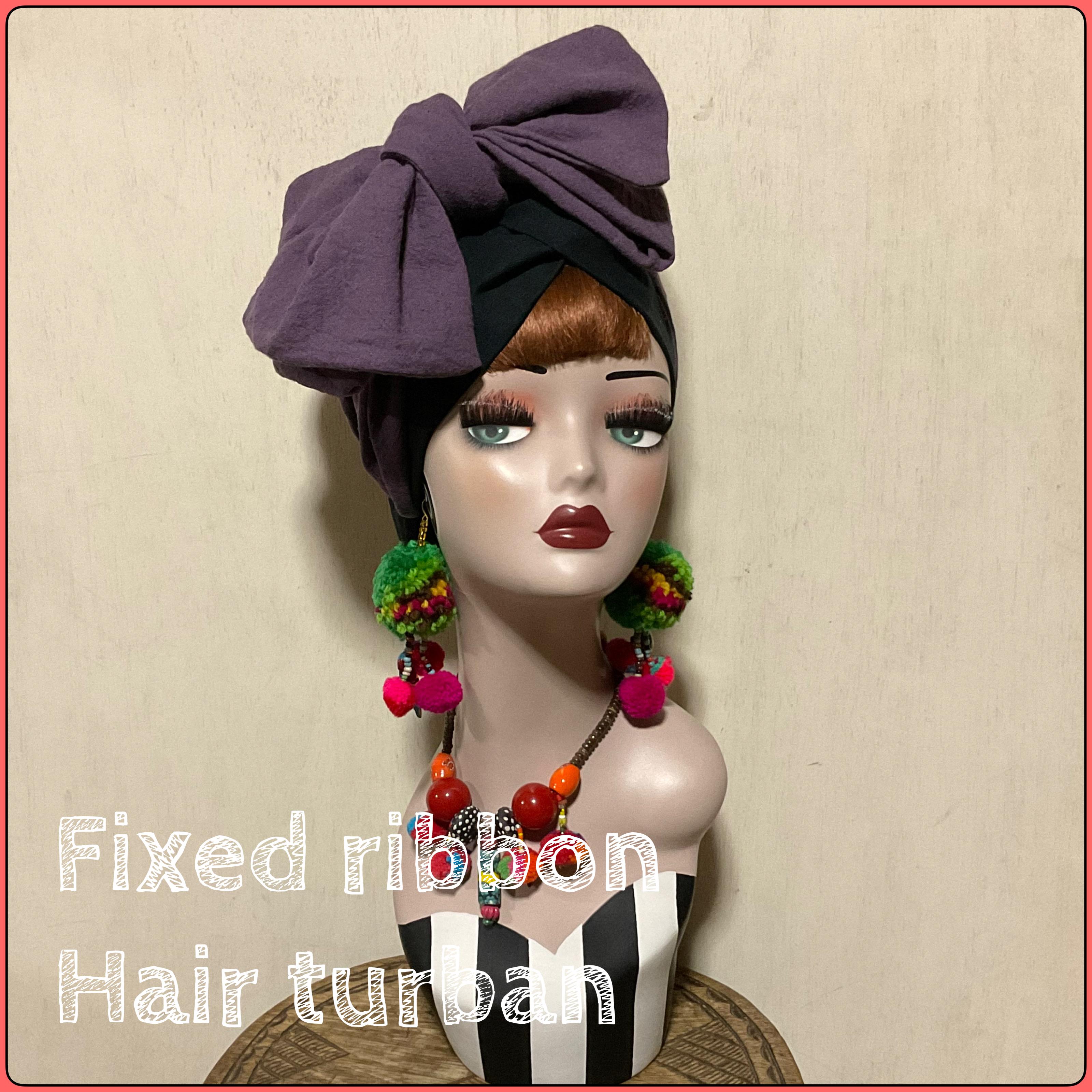 新作　固定リボンのヘアターバン　ヘアバンド　ターバン　ブラック×パープル