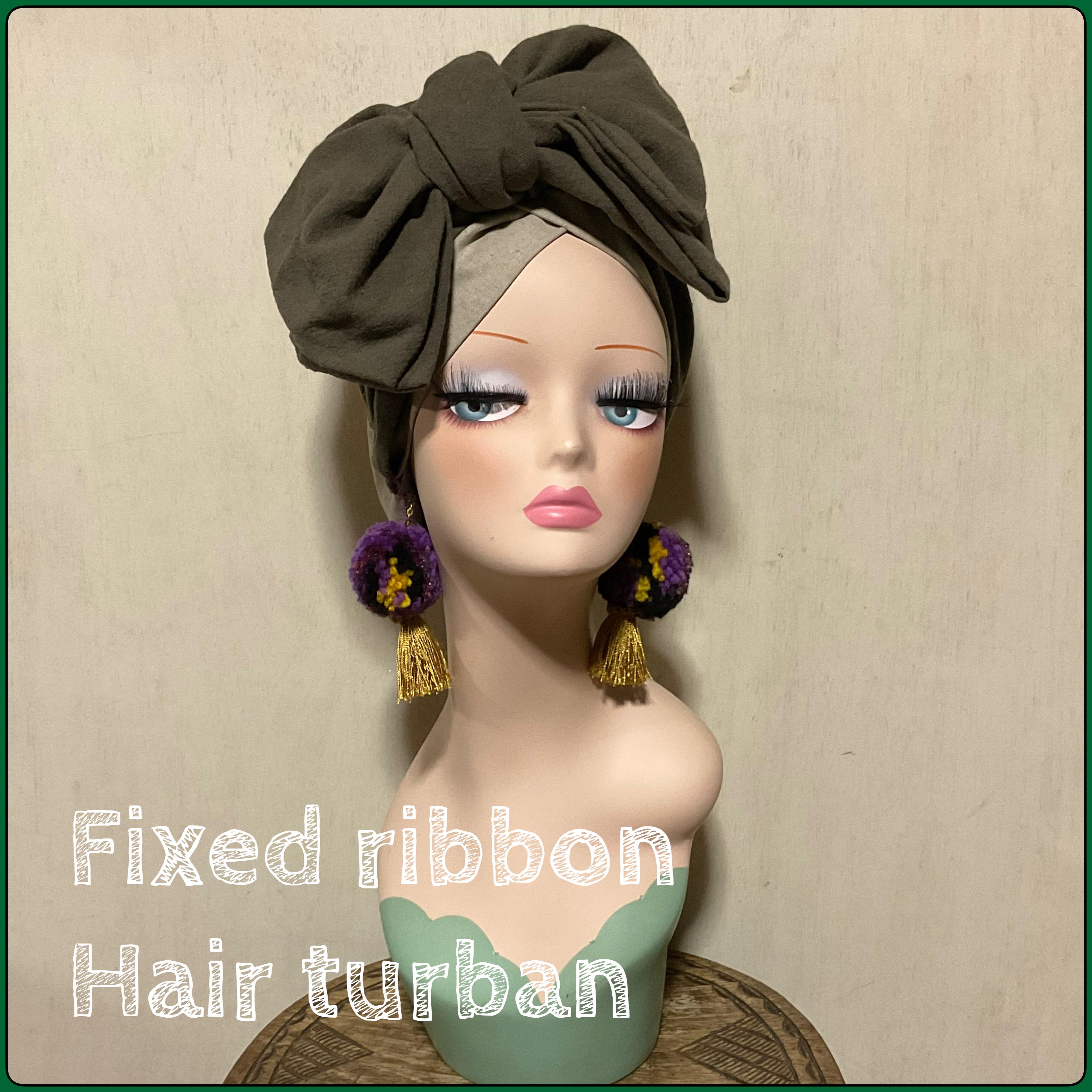 新作　固定リボンのヘアターバン　ヘアバンド　ターバン　ナチュラル×カーキブラウン