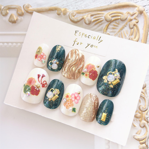 送料無料◇袴や振袖に◇緑と赤とピンクと黄緑の花と金のうねうねうの和  