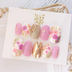 送料無料◆春の和装に◆淡いダスティーピンクと紫とピンクの桜とゴールドの和柄のネイルチップ◆16 3枚目の画像