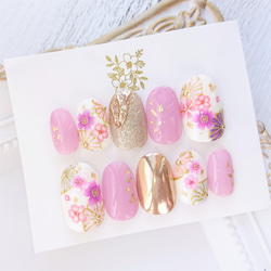 送料無料◆春の和装に◆淡いダスティーピンクと紫とピンクの桜とゴールドの和柄のネイルチップ◆16 4枚目の画像