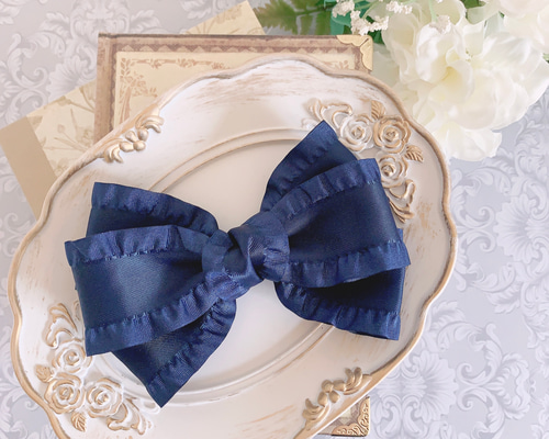 キッズリボン＊大人ネイビー×ニュアンスブラウン　トリプルリボンのヘアゴム キッズリボン＊大人ネイビー×ニュアンスブラウン トリプルリボンの