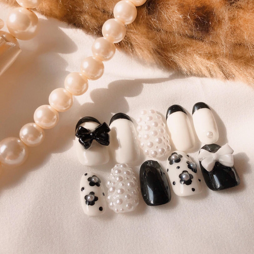 リボンフラワーフレンチガーリー ネイルチップ ネイルチップ