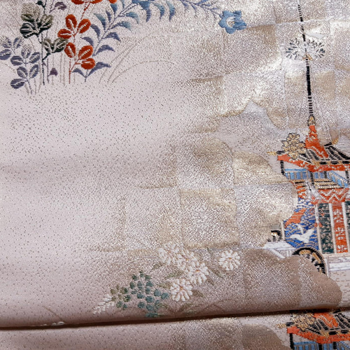 ごえんさま専用★正絹袋帯★作り帯★ワンタッチ帯★未使用品★白系墨絵風景画★ 袋帯 正絹 染め帯 金駒刺繍 銀通し 白 黒 モノトーン 市松 桜 鹿の子