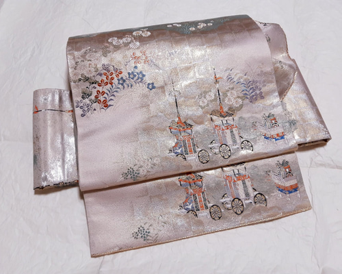 ごえんさま専用★正絹袋帯★作り帯★ワンタッチ帯★未使用品★白系墨絵風景画★ ワンタッチ帯 くらわん帯 正絹袋帯リメイク 京都祇園祭山鉾巡行 作り帯