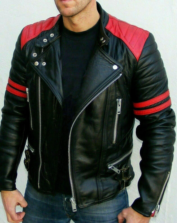 羊革ライダージャケット黒と赤 Sheep Leather Rider Jacket Black and Red 7枚目の画像