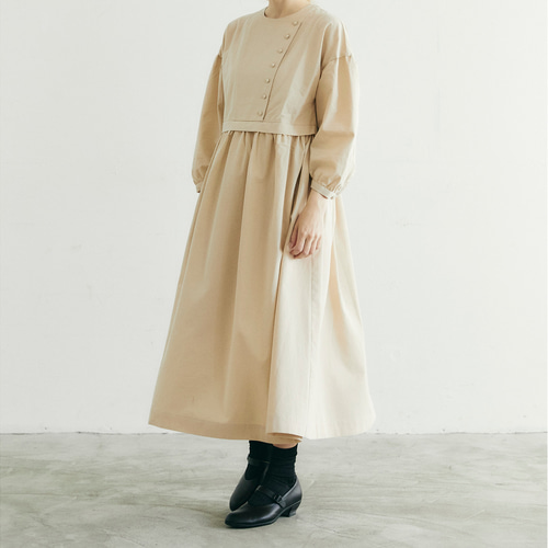 オールドコットン・サイドボタン・ワンピース／アンティークベージュ  