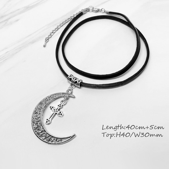 送料無料｜ムーンクロス　月と十字架の本革製チョーカー　シルバー　メンズ　レディース 2枚目の画像