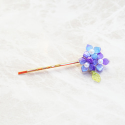 本物紫陽花❤️スワロ使用♪シルバーリボンのキラキラヘアピン❤️ 再販×5 葉っぱがゆらゆら あじさい 紫陽花 ヘアピン パール ヘアピン