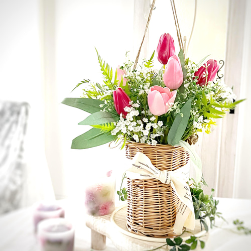 再販】春色！バスケットチューリップブーケ 壁掛け&置物 アート