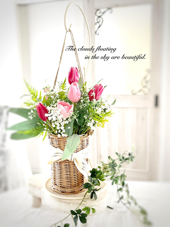 再販】春色！バスケットチューリップブーケ 壁掛け&置物 アート